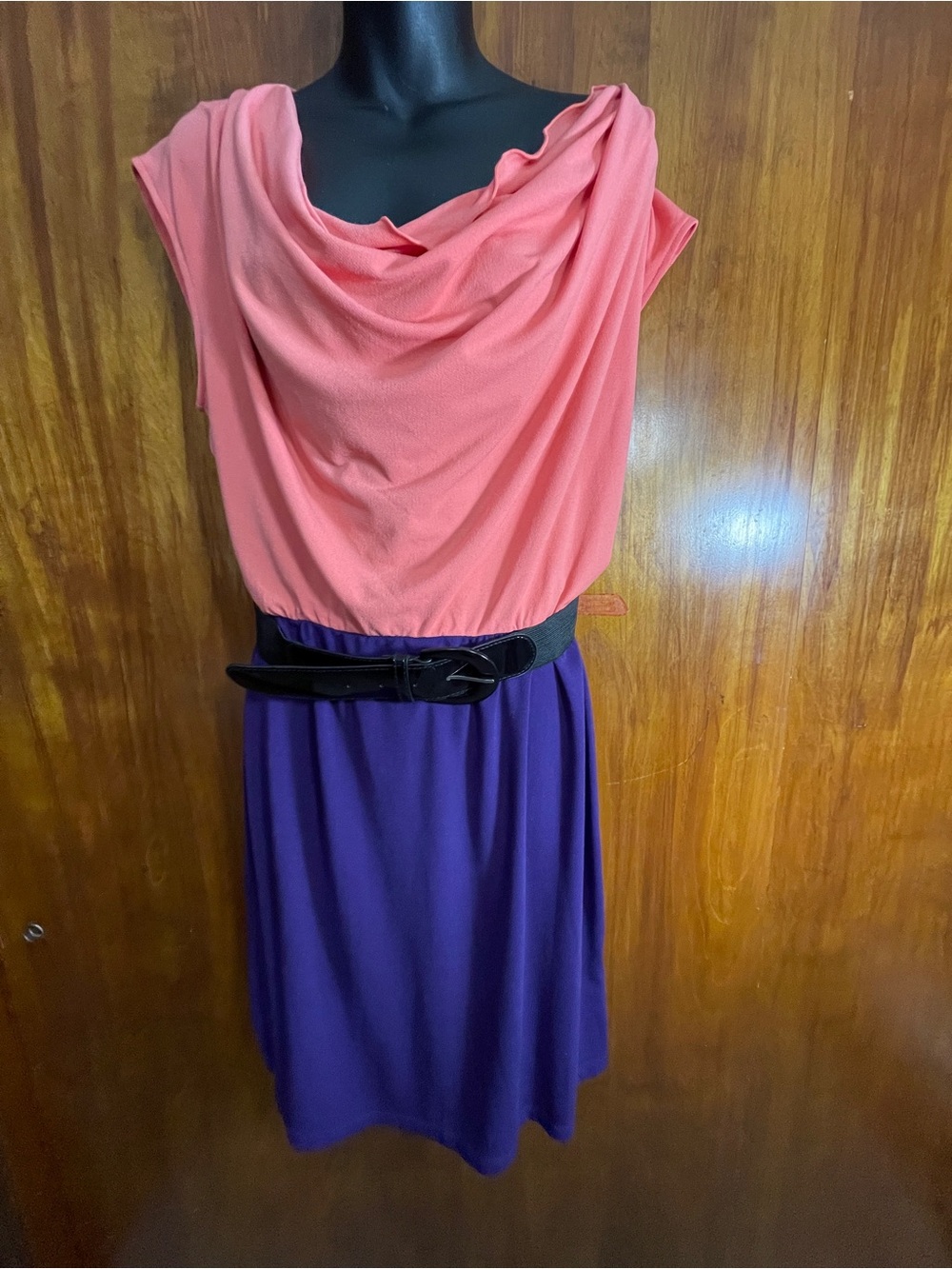 Worthington Colorblock Cowl Neck Belted Midi Dress Pink Purple M